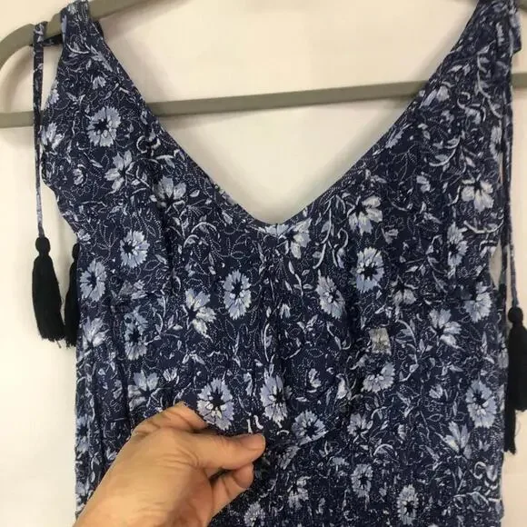 Floral Blue Sleeveless SunDress by Miss Me Tassle Ties Smocked Waist Tiered Hem - Picture 3 of 9